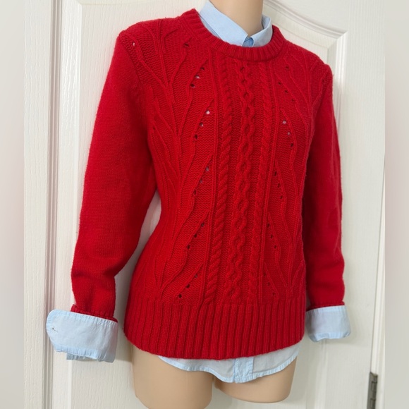 J. Crew Sweaters - J. Crew Lambs Wool Blend Red Eyelet Aran Cable Knit Crew Neck Sweater, Sz M